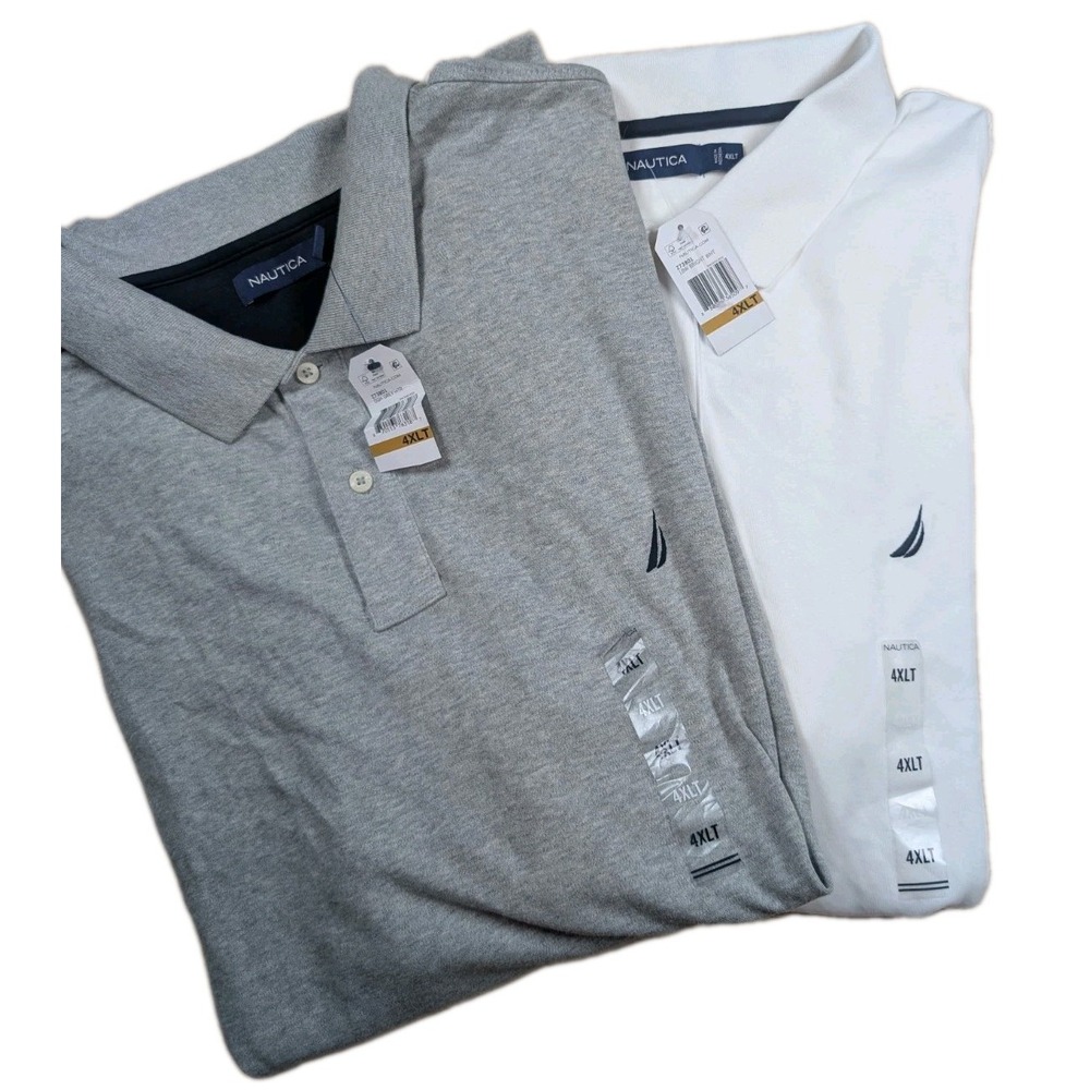 2x NWT Nautica Mens Short Sleeve Polo Shirt Big & Tall 4XLT Gray & White